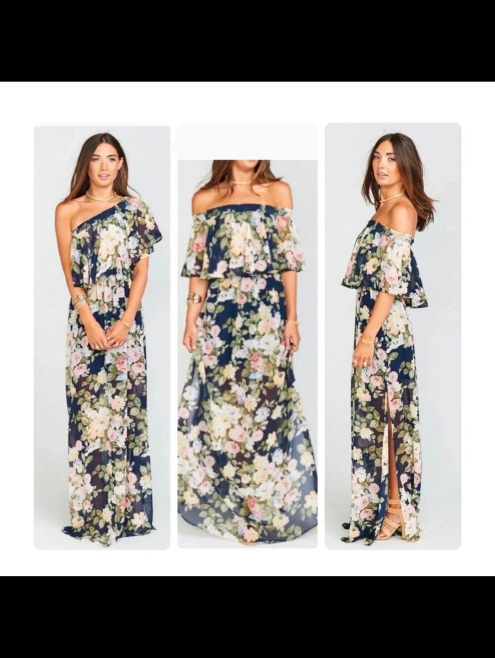Show Me Your Mumu XS Navy Floral Off Shoulder Ruffle Maxi Dress Boho Wedding